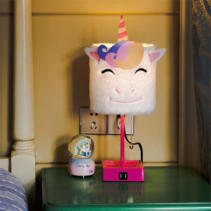 Table Lamp Cute Unicorn Plush Shade Desk Lights for Gifts with 2 USB Charging Ports and 1 Power Outlet for Bedroom Reading & Living Room