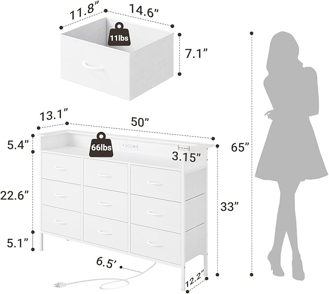 ELYKEN White Dresser with LED Light for Bedroom, Dresser with 9 Drawers and Charging Station, Fabric Chest of Drawers with PU Finish Storage Drawers for Entryway Closet Living Room Hallway Guest Room