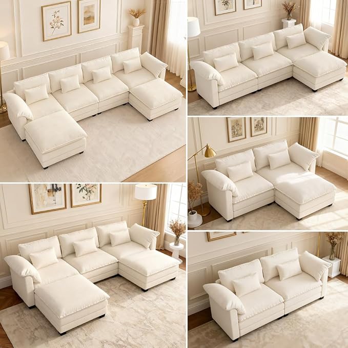 COMHOMA 120" L Shaped Sectional Sofa with Movable Ottoman,Comfy Cloud Modular Couch with Throw Pillows,Modern Chenille Deep Seat Sofa Couches for Living Room,Beige