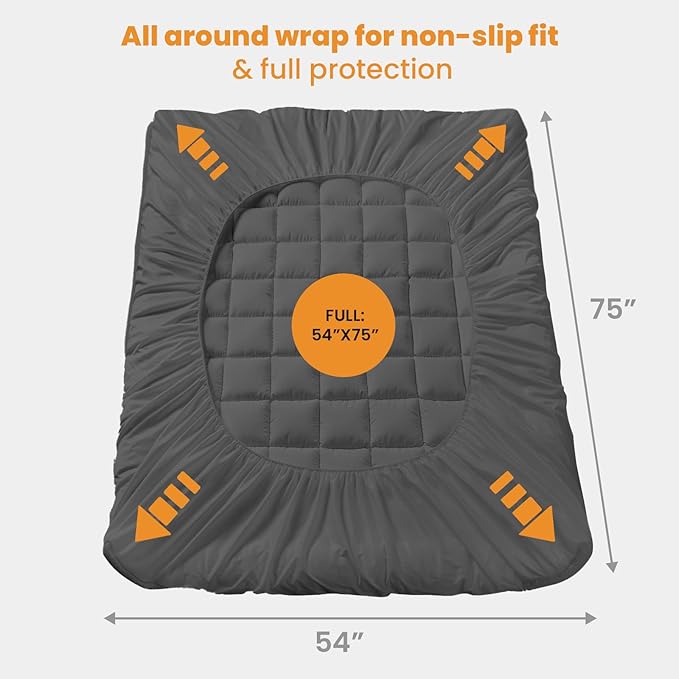 MATBEBY Full Size Mattress Pad - Cooling Breathable Mattress Topper, Quilted Fitted Mattress Protector, Pillow Top Mattress Cover with 8-21" Deep Pocket, Machine Washable, Dark Grey, 54x75 Inches