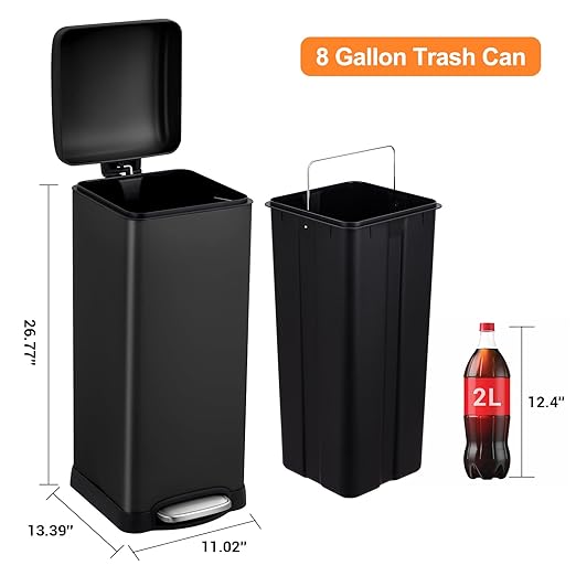 30 Liter/8 Gallon Kitchen Trash Can, Fingerprint-Proof Stainless Steel Garbage Can with Soft Close Lid, Foot Pedal, Removable Inner Bucket for Home, Office, Bedroom, Bathroom, Black