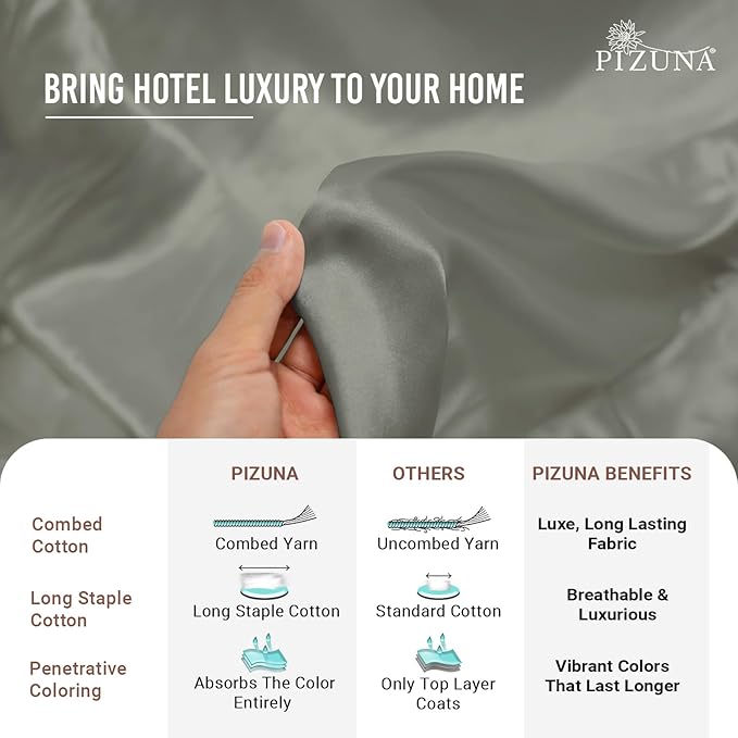 Pizuna 100% Cotton Twin 2 Pc Duvet Cover + 1 Pc Fitted Sheet Set 400 Thread Count Silver Sateen Weave Luxurious Long Staple Cotton 4 Piece Bedding Set - 1 Duvet Cover, 1 Pillow Sham, 1 Fitted Sheet