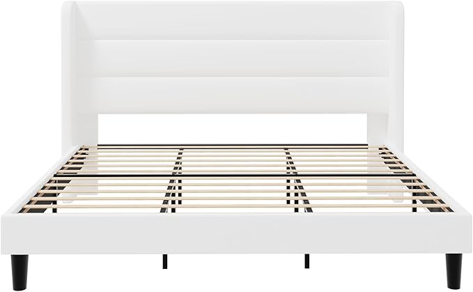 SHA CERLIN King Size Velvet Bed Frame/Vertical Channel Tufted Wingback Headboard/Upholstered Platform Bed with Wooden Slats/Mattress Foundation/No Box Spring Needed/Easy Assembly/White