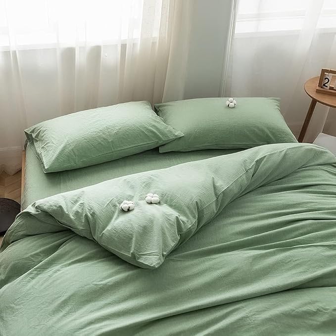FACE TWO FACE Bedding Duvet Cover Set100% Washed Cotton Duvet Cover Linen Like Textured Breathable Durable Soft Comfy(Full, Green)