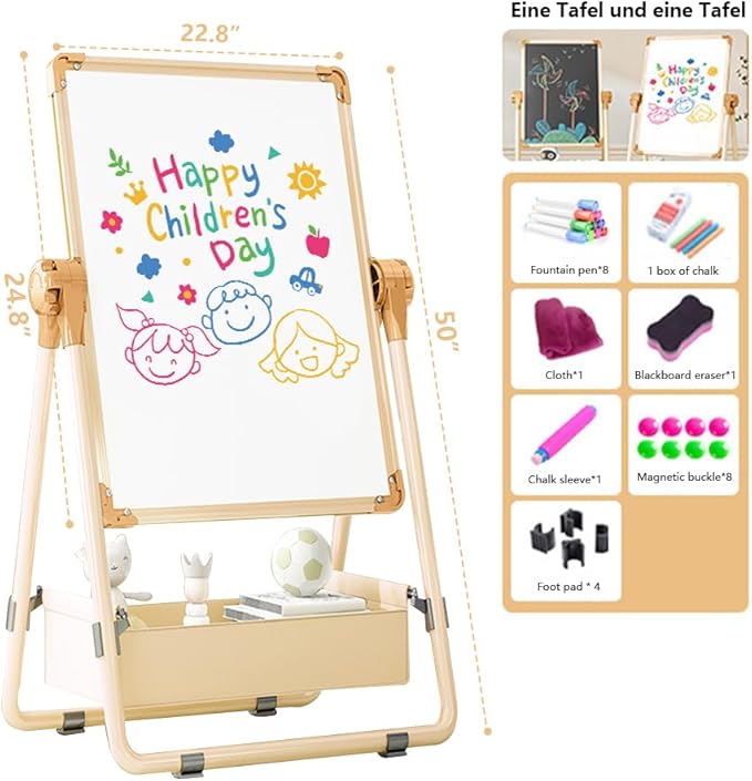 Adjustable Kids Drawing Easel with Magnetic Whiteboard&Chalkboard Double Sided Drawing Board Easy to Clean 360 ° Rotating, Ideal Christmas Gift for Children 36+ Months（50"X22.8"）