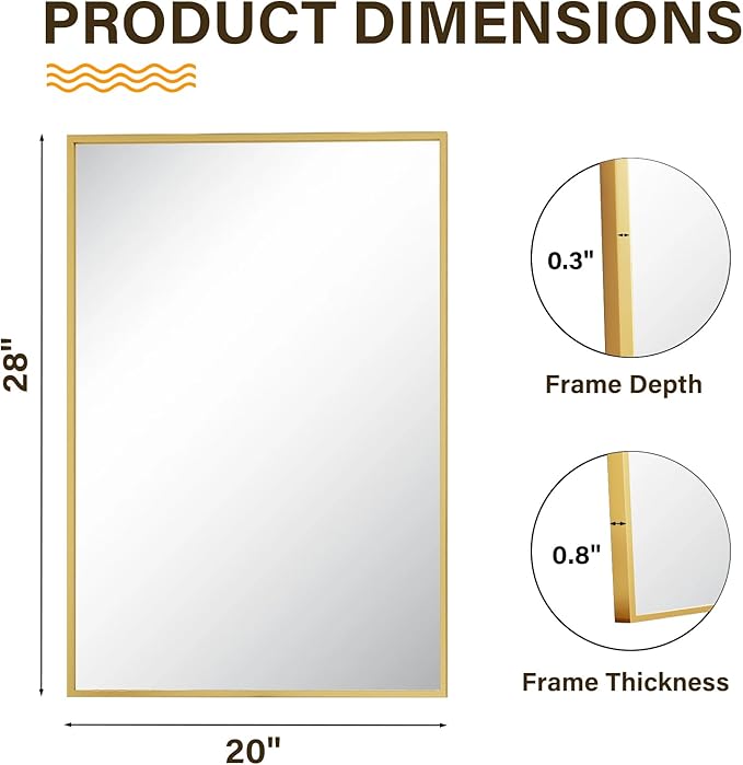 HARRITPURE 28"x20" Framed Bathroom Mirror for Wall Rectangle Mirror Aluminum Alloy Frame Wall-Mounted for Farmhouse Entryway Bedroom Living Room Gold