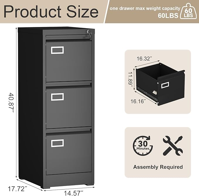 3 Drawer File Cabinet with Lock, Vertical Metal File Cabinets,Black Filing Cabinets for Home Office Fit Letter/A4/Legal Size File, Assembly Required