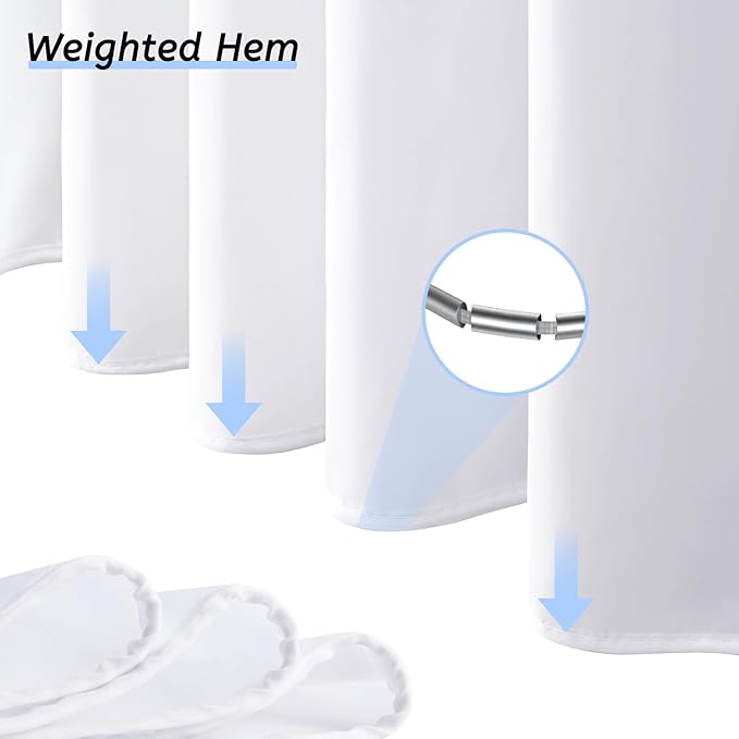 Furlinic No Hook Shower Curtain Fabric,White Waterproof Shower Curtain or Liner Hotel Spa Luxury,Washable Cloth Decoratvie Bathroom Curtains with 10 Plastic Split Grommets,72'' W x 72'' L