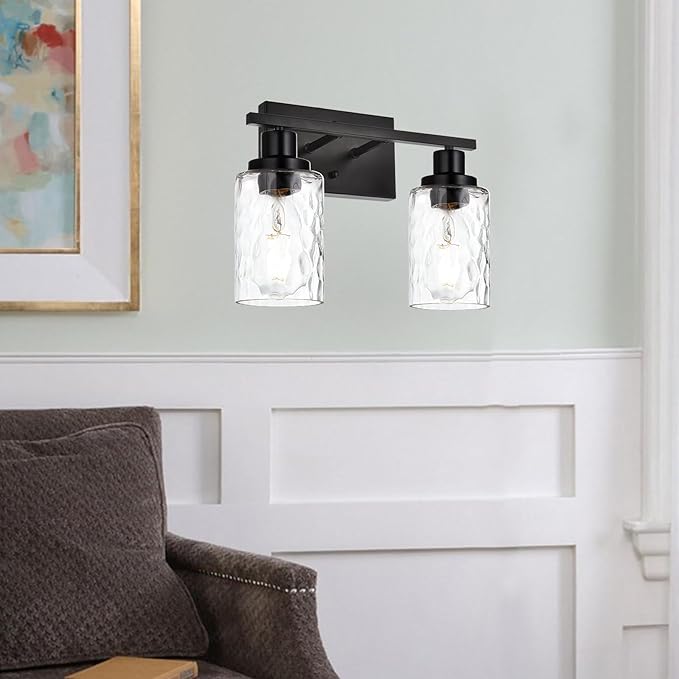 MELUCEE Indoor Wall Sconce Lighting 2-Light Matte Black with Clear Hammered Glass, Modern Bathroom Vanity Light Fixtures Wall Lamp for Mirror Cabinets Powder Room (Patent No.: US D963914 S)