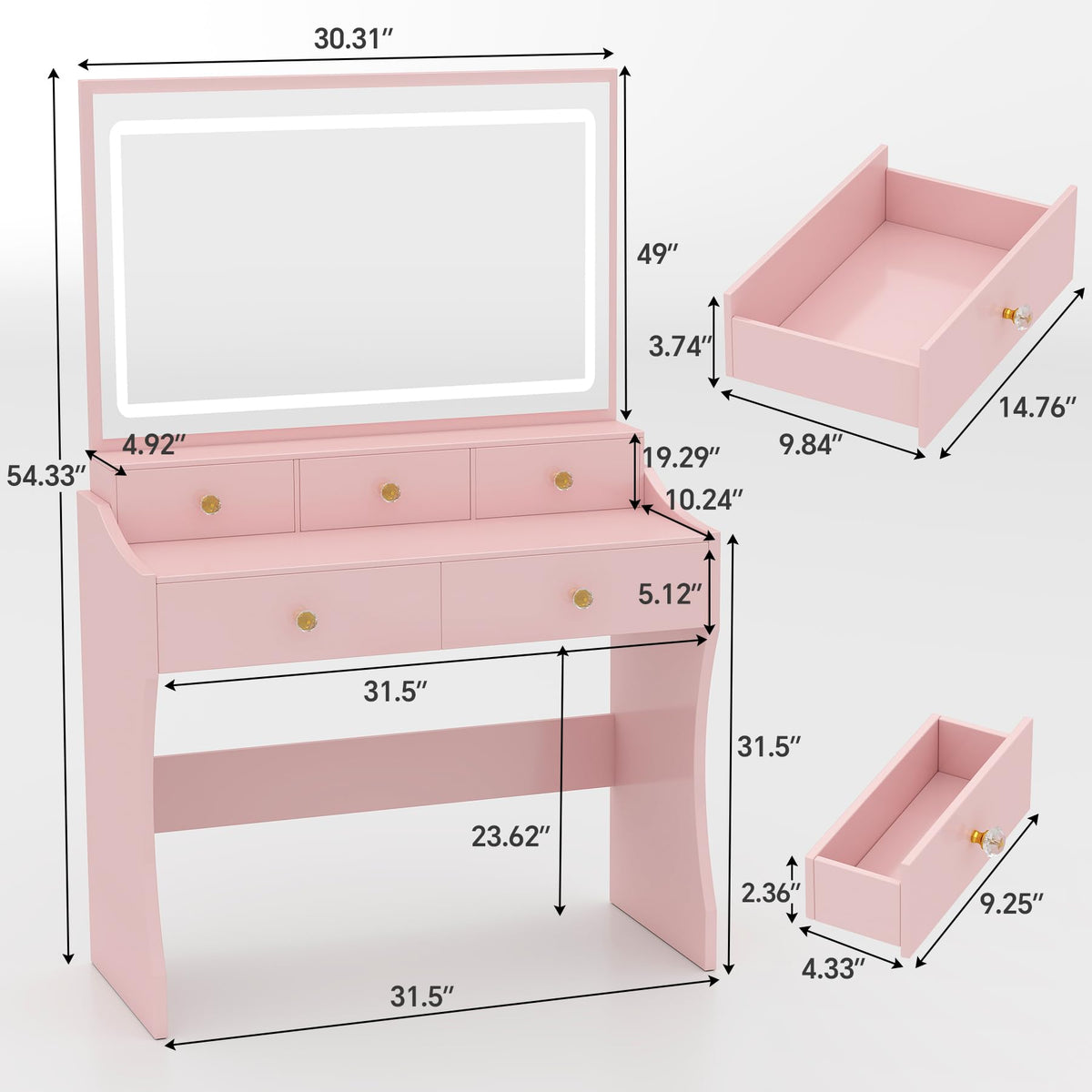 COMHOMA Vanity Desk with LED Lights Mirror & Power Outlet, Small Makeup Vanity Table Set with 5 Storage Drawers, 3 Lighting Modes & Adjustable Brightness, Dressing Table for Women Girls Bedroom, Pink