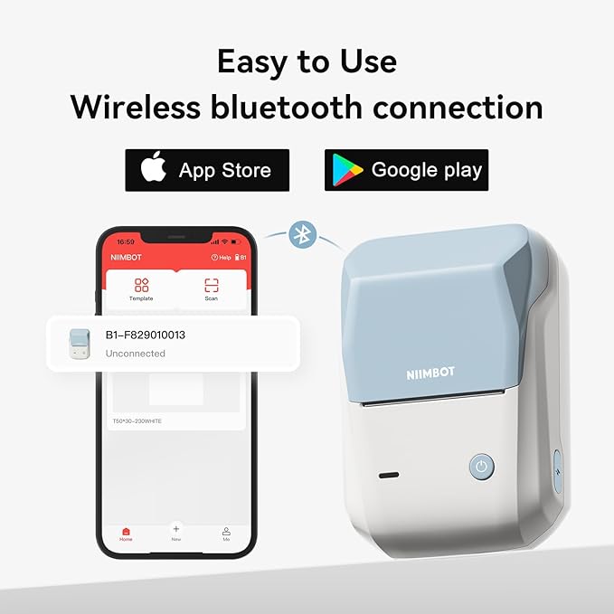 NIIMBOT B1 Label Maker Machine with Tape, 2 Inch Portable Sticker Printer for Home School & Small Business, Compatible with Phones & PC, Blue White