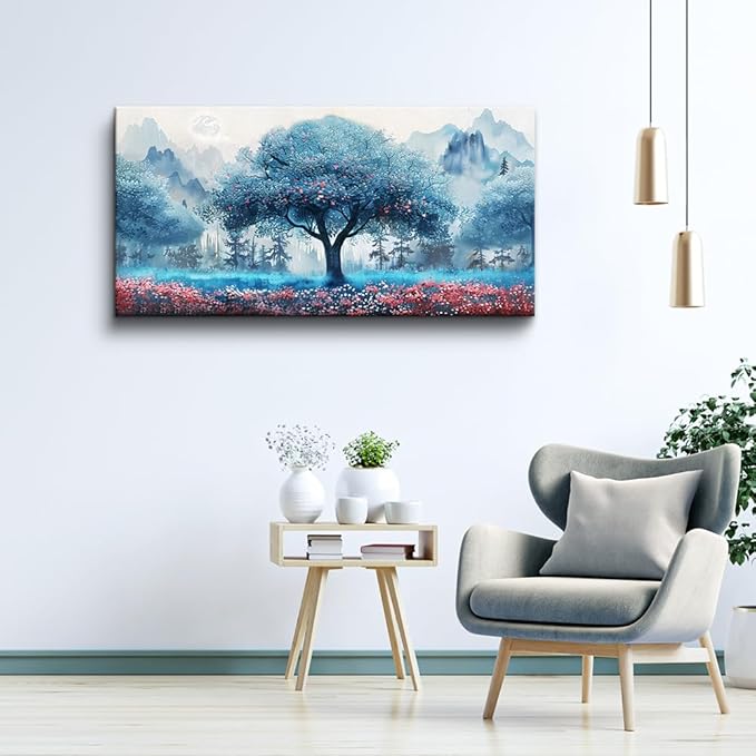 MHARTK66 Large Wall Art For Living Room Canvas Wall Decor For Bedroom Office Decorations Blue Tree Landscape Wall Paintings Farmhouse Pictures Artwork Home Decor Ready To Hang Posters 48"X24"