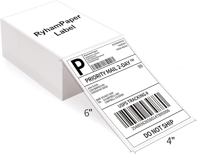 RyhamPaper 4" x 6" Fanfold Direct Thermal Labels - White Shipping Mailing Postage Labels, Perforated, Permanent Adhesive (4 Stacks - 4000 Labels)