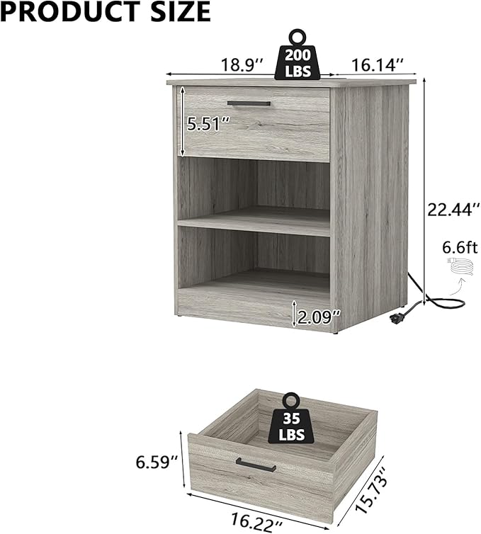 Night Stand with Charger Station, Modern Nightstand with USB Type-C Ports and AC Outlets, Large Bedside Table with Drawer and Open Storage, Wooden End Table for Bedroom (Grey, 1 Drawer)
