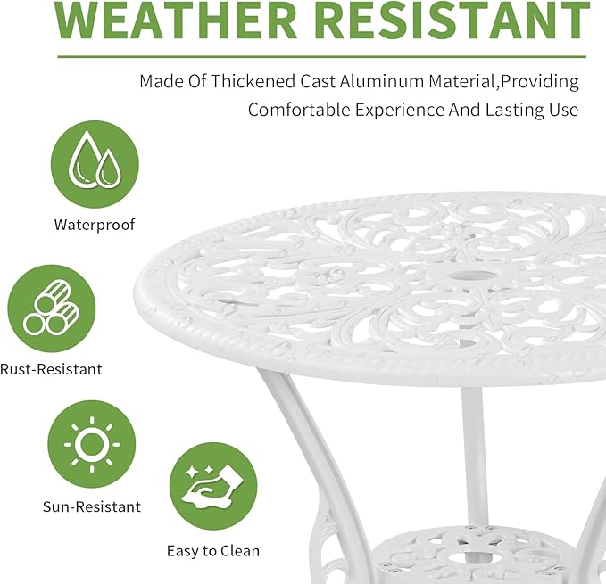 Cast Aluminum Bistro Table and Chairs Set of 2 with Umbrella Hole for Yard (WHITE1)