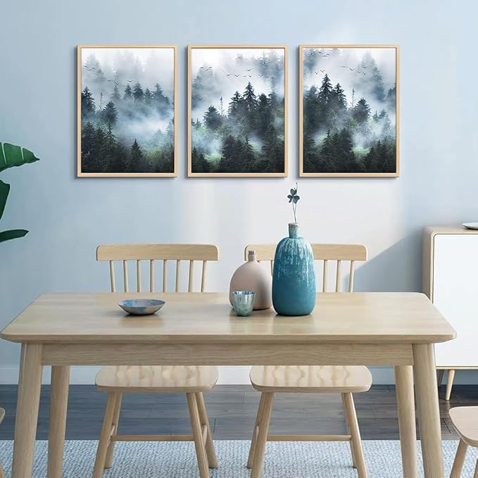 Natural Wood Framed Wall Art For Living Room Wall Decorations For Bedroom Office Wall Decor Foggy Forest Paintings Trees Landscape Wall Pictures Prints Artwork Large Size Home Decor of 3 Piece Art