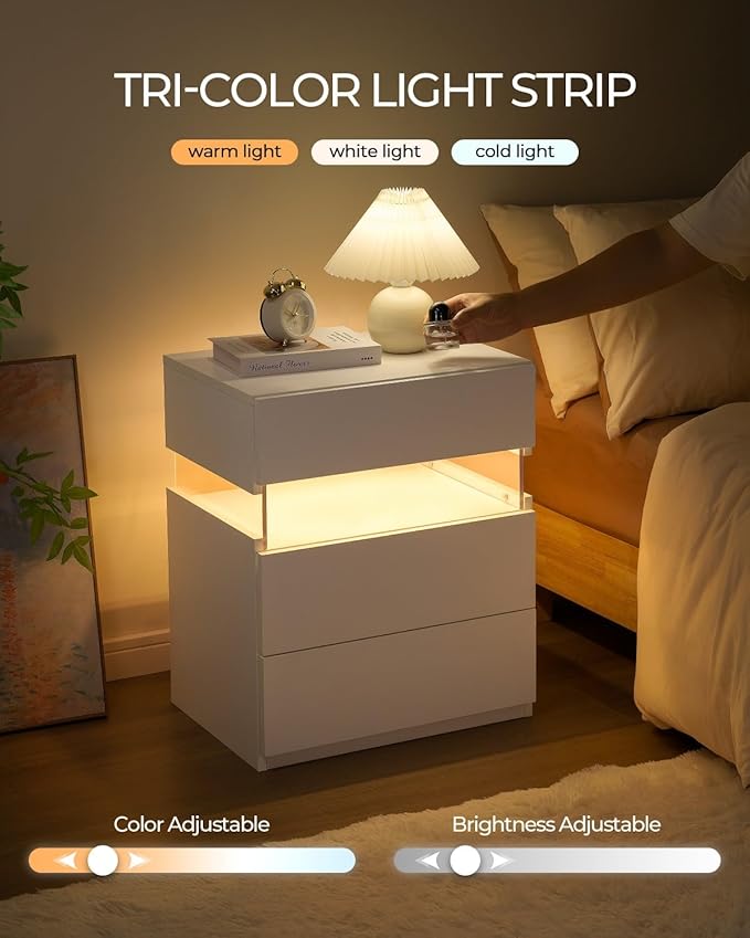Bingoday White Nightstands Set of 2 LED Nightstand White with Gun Drawers Set of 2 Bedside Tables White LED Lights for Bedroom White