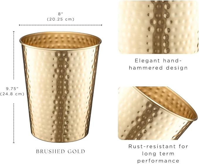 Monarch Abode Brushed Gold Hand Hammered Metal Wastebasket for Home Office Bedroom, Decorative Waste Basket, Modern Garbage Can, Durable & Decorative Trash Bin, Brushed Gold Bathroom Trash Can