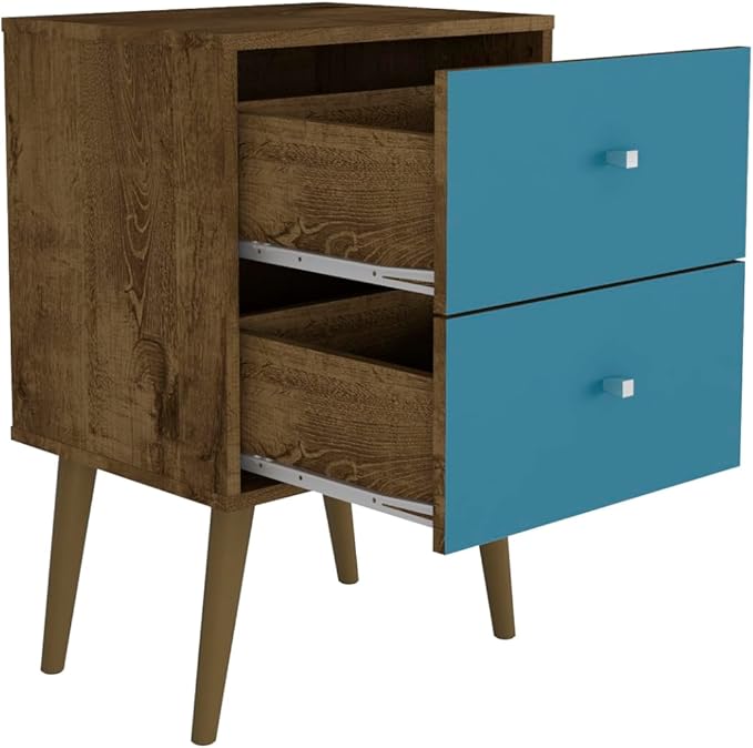 Manhattan Comfort Liberty Mid Century Modern Nightstand with Drawers, Bedside Table for Bedroom and Living Room, Night Stand Accent Decor, Easy Assembly, Rustic Brown/Aqua Blue