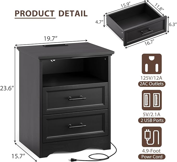 Farmhouse Nightstand with Charging Station, Black Wood Bedside Table & End Table with 2 Drawers and Unique Base Design, Side Table Storage Cabinet with Metal Handles for Bedroom, Living Room