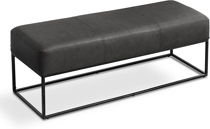 Entryway Bench for Bedroom End of Bed, Modern Ottoman with Faux Leather Upholstered Seating, Metal Frame Leather Bench for Bedroom Living Room Entryway [47'', Vintage Black]