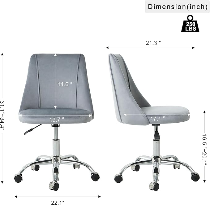 Furnimart 360° Swivel Rolling Desk Chair, Height Adjustable Vanity Chair with Silver Legs, Cute Task Chair with Wheels for Dorm Bedroom Studying Small Places (Velvet Gray)