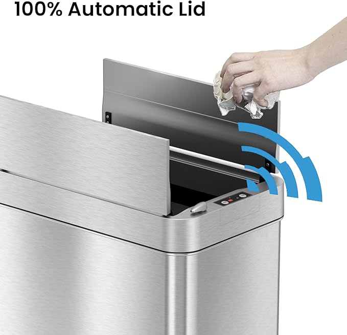 iTouchless 13 Gallon Wings-Open Kitchen Trash Can with Lid and Odor Filter, Dog Proof Stainless Steel Automatic TrashCan Garbage Bin for Home Office Work Bedroom Living Room Garage Slim Wastebasket