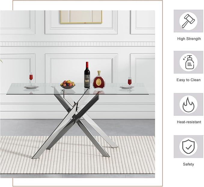 Goujxcy Modern Glass Dining Table Set for 4, Glass Silver Kitchen Table and Chairs Set, 5 Piece Dining Room Table Set with 51" Rectangle Dinner Table and 4 Grey Leather Dining Chairs