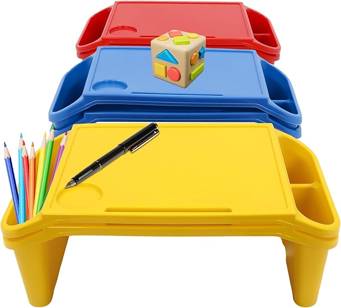 Set of 6 Kids Lap Desk Tray, Portable Activity Table, Plastic, Stackable for Drawing, Writing, Eating, Classroom, 19.69" L x 9.84" W x 7.09" H (Red, Blue, Yellow)