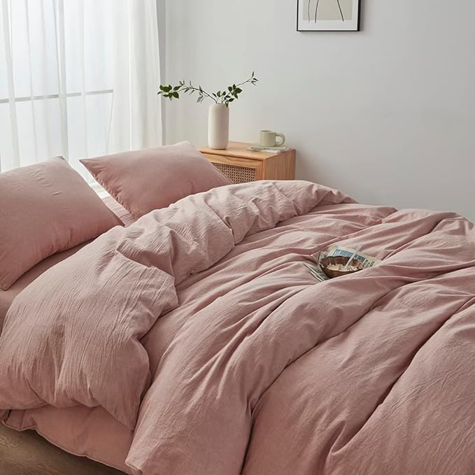 FACE TWO FACE Bedding Duvet Cover Set100% Washed Cotton Duvet Cover Linen Like Textured Breathable Durable Soft Comfy (Full, Old Pink)