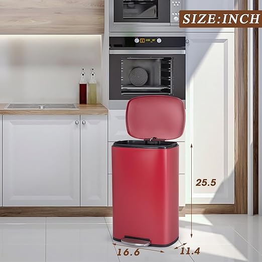 BestOffice 13 Gallon (50L) Trash Can with Soft-Close Foot Pedal, Fingerprint Proof Stainless Steel Can for Kitchen, Home, Office, Bedroom, Bathroom, Red
