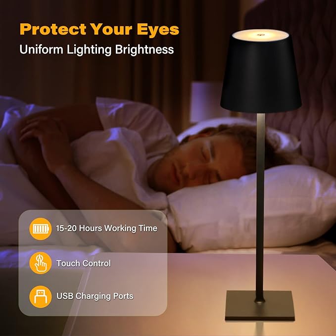 Cordless Table Lamps, 3 Colors Stepless Dimming, 5000mAh Rechargeable Battery LED Desk Lamp for Bedroom/Couple Dinner/Desk/Cafe/Dining Room/Terrace (Black 1 Pack)