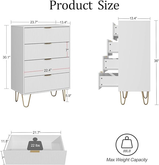 Masupu 4 Drawer Dresser, Drawer Chest, Tall Storage Chest Cabinet Organizer Unit with Metal Legs, Small Dresser for Bedroom, Living Room, Closet, Hallway White Stripe