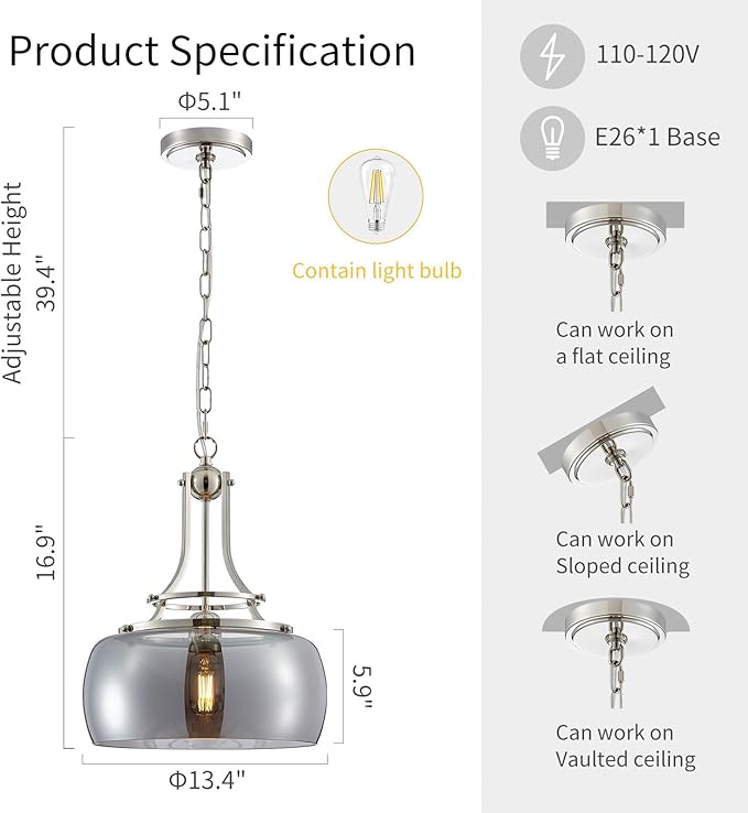 WUZUPS Nickel Chandelier Rustic Farmhouse Industrial Round Ceiling Pendant LED Light Fixture with Electroplated Gray Glass Shade for Dining Room Kitchen Island Foyer Entryway, H 17" W 13.4", E26 Base