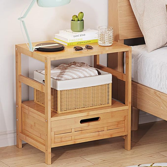 Bamboo Night Stand Bedside Table- Bed Side Table with Drawers, Small Nightstand for Bedroom, Dorm, Sofa, Easy Assembly, Rustic Bedside Tables Multi Small Space Furniture