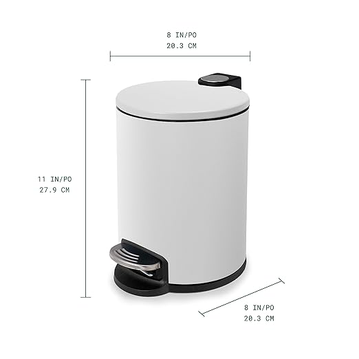 ACENTO 1.3 Gal Round Bathroom Trash Can with Lid – Stainless Steel Small Trashcan with Soft Close Pedal & Removable Liner – Compact Waste Bin for Bathroom, Bedroom, Dorm, Office – Matte White