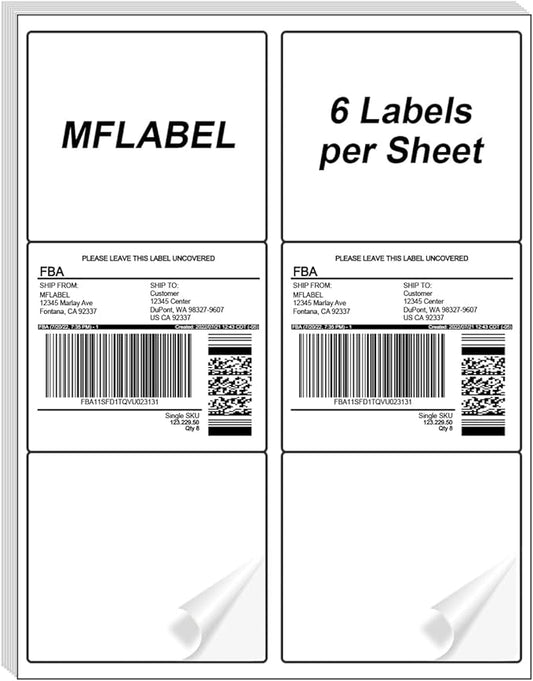 MFLABEL 3¾ "" x 4 "" Shipping Address Labels - FBA Ready, 6-Up Sticker, White, Easy Peel, Laser/Ink Jet, 6 Per Page (21000 Labels, 3500 Sheets)