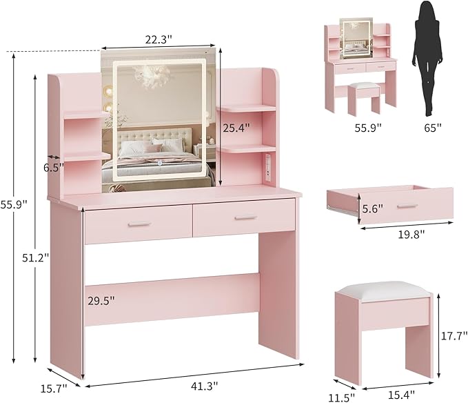 Garvee Vanity Desk with Lights | Tri-Mode LED Lighted Mirror & Charging Station | Makeup Vanity Set with 6 Shelves, 2 Drawers, Soft Cushion Stool | Dimmable Vanity Desk for Bedroom (Pink)