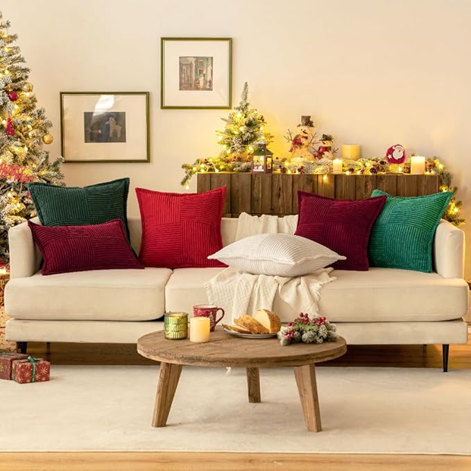 MIULEE Christmas Decorative Euro Sham Throw Pillow Covers for Couch Bed Livingroom 24x24 Inch Set of 2 Burgundy Boho Accent Throw Pllows Broadside Striped Patchwork Soft Corduroy Pillowcases