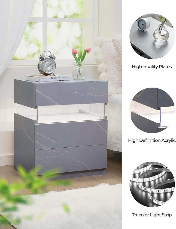 Bingoday LED Nightstands LED Bedside Tables with 3 Drawers Night Stand with Acrylic Board Modern LED Nightstand