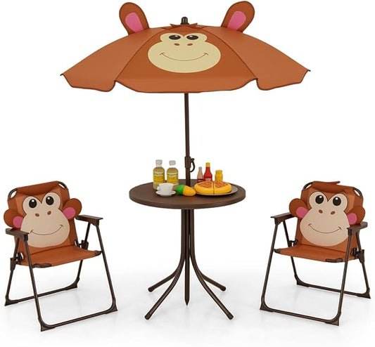 Costzon Kids Picnic Table, Kids Outdoor Table with 2 Folding Chairs, Height Adjustable Umbrella, Portable Children Outdoor Furniture for Patio, Garden, Backyard (Brown)