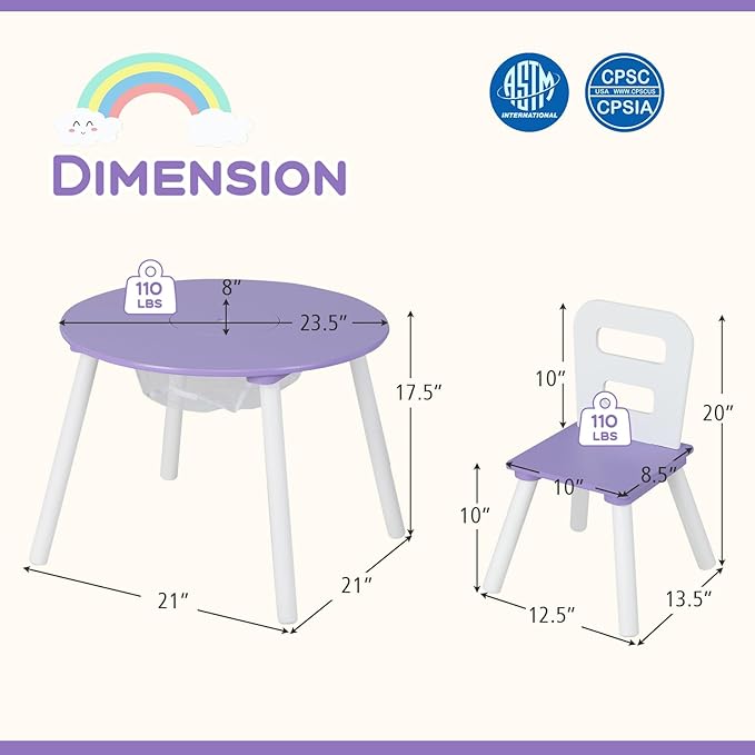 Costzon Kids Table and Chair Set, Wood Activity Table w/Center Mesh Storage, Children Furniture Gift for Boys & Girls, Ideal for Arts, Crafts, Snack Time, Homework, Toddler Table and Chair Set, Purple