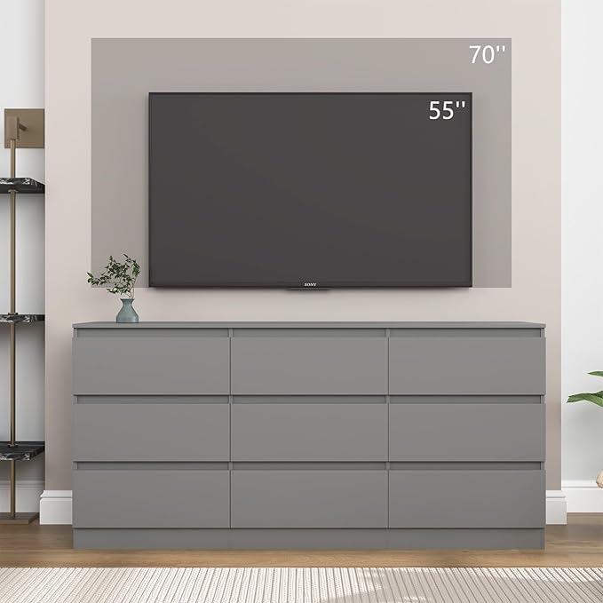 Grey Dresser for Bedroom,Modern Large 9 Drawer Dresser with Deep Drawer,Wide Storage Chest of Drawer,Wood Bedroom Storage Organizer Furniture,TV Stand for Living Room