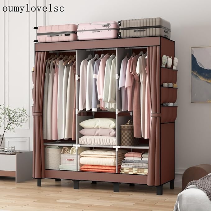 Portable Wardrobe, Clothes Organizer, Easy Hanger Wardrobe, Multiple Dividers and 3 Drawers, 6 Side Pockets Large Capacity (Coffee)