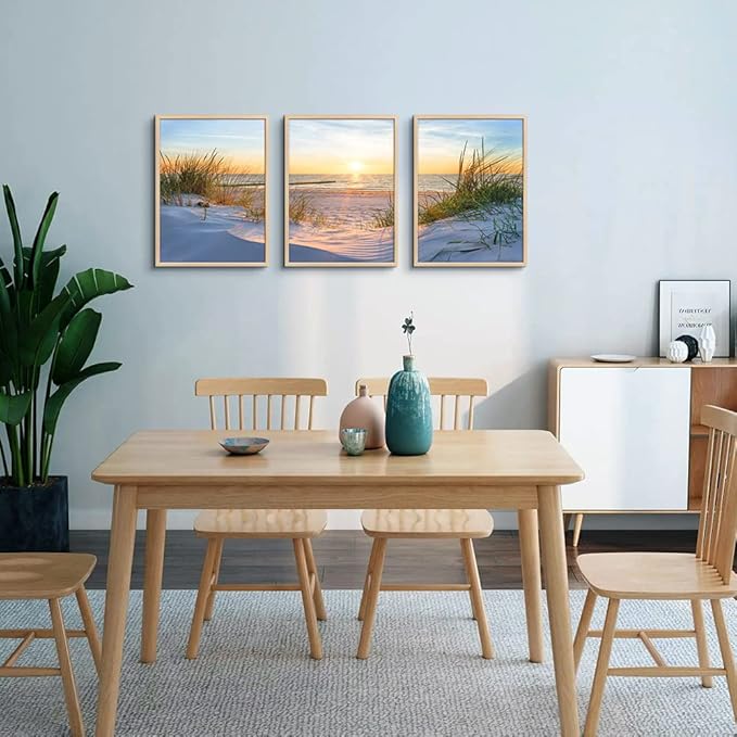 Natural Wood Framed Wall Art - Set Of 3 Piece Framed Art Prints For Living Room, Bedroom, Office Wall Decor - Blue Beach Seascape Paintings Home Decor