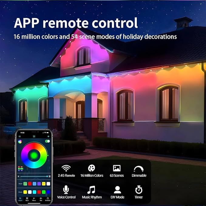 Permanent Outdoor String Lights 200ft, Smart RGB App Control with 120 LEDs, LED Eaves Lights IP67 Waterproof, House Roof Outdoor Lighting for Party, Daily, Halloween,Christmas,Garden