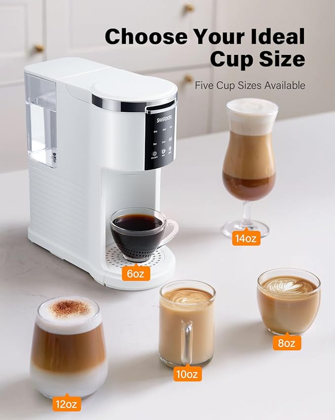 SHARDOR 3 in 1 Coffee Maker, K Cup Coffee Maker Compatible with Ground Coffee & Teas, Single Serve Coffee Machine, 6–14oz Brew Sizes, 40oz Detachable Water Reservoir, Descale Settings, White