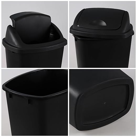 Begale 6 Gallon Plastic Swing Lid Waste Bin for Kitchen, 4 Pack Plastic Trash Can with Swing-Top, Black