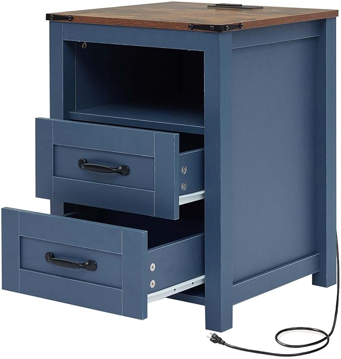 Farmhouse Nightstand with Charging Station & Drawers, Blue Wood Bedside Table, End Table with 2 Storage Drawers & USB Ports for Bedroom, Dorm，Blue