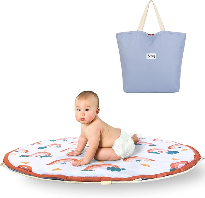 Baby Play Mat & Toy Storage Bag – 2-in-1 Foldable Activity Floor Mat and Organizer for Infants and Toddlers – Soft, Non-Toxic & Portable – Nordic Rainbow Design by Scozy